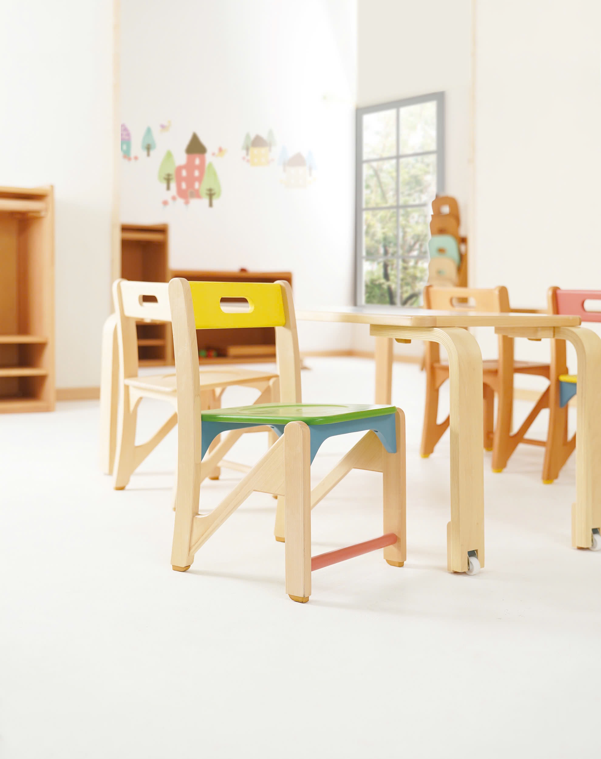 Colourful wooden children's chair and table